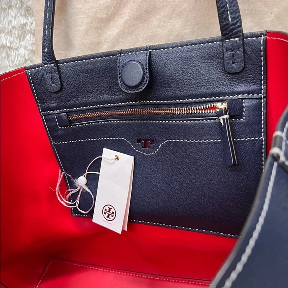 NWOT. Tory Burch Perforated Logo Tote Royal Navy and Cherry Apple Tote Bag - Picture 3 of 7